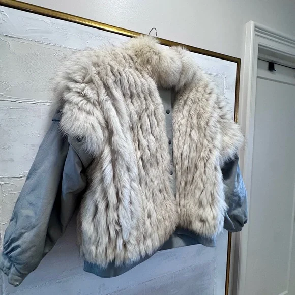 Vintage Saga Fox Fur Jacket | Silver Fox Leather Bomber Luxury Statement Coat - Picture 2 of 7